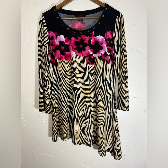 INVESTMENTS WOMEN'S FLORAL/ANIMAL PRINT ASYMMETRICAL TUNIC SIZE L - Picture 2 of 9